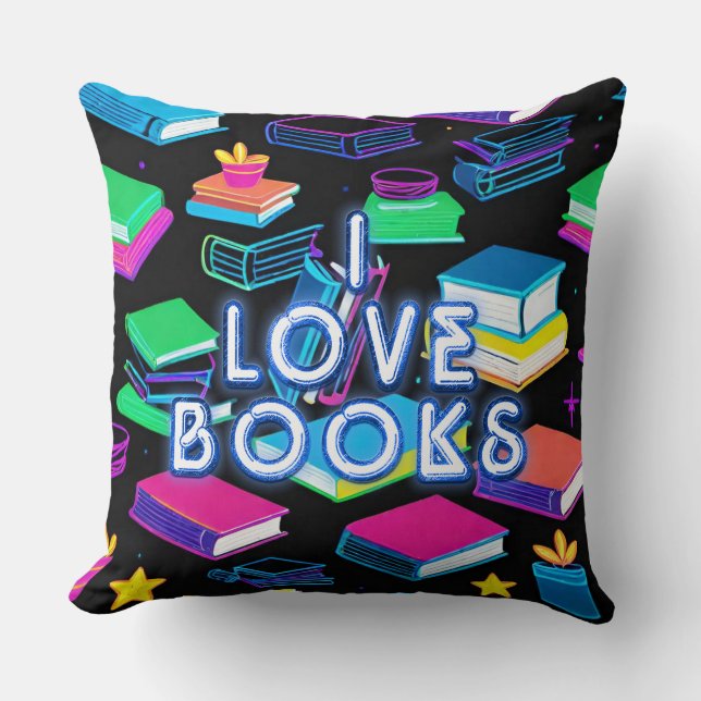 I Love Books Colorful  Throw Pillow (Front)