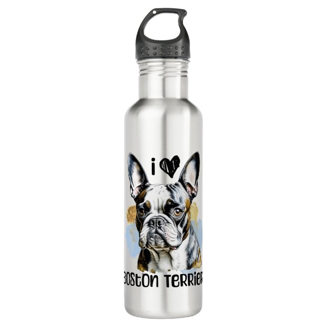 I Love Boston Terriers  Stainless Steel Water Bottle (Front)