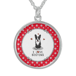 I Love Bostons Boston Terriers (black & white) Sterling Silver Necklace