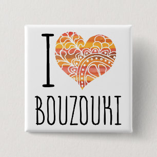 I Love Bouzouki Orange Mandala Heart Button
