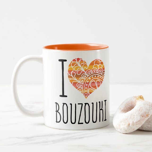 I Love Bouzouki Orange Mandala Heart Two-Tone Coffee Mug (With Donut)