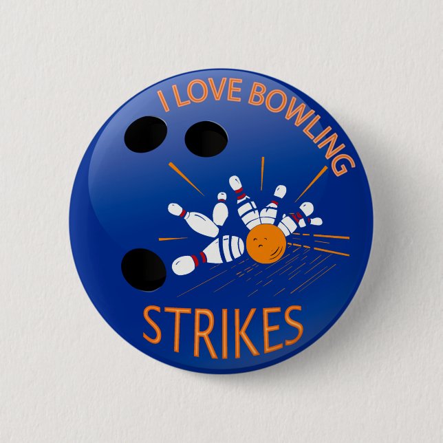 I LOVE BOWLING STRIKES PINBACK BUTTON (Front)