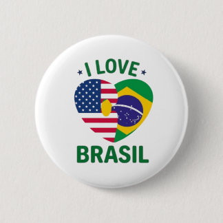 I Love Brasil USA Flag Heart Button