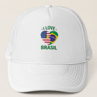 I Love Brasil USA Flag Heart Trucker Hat
