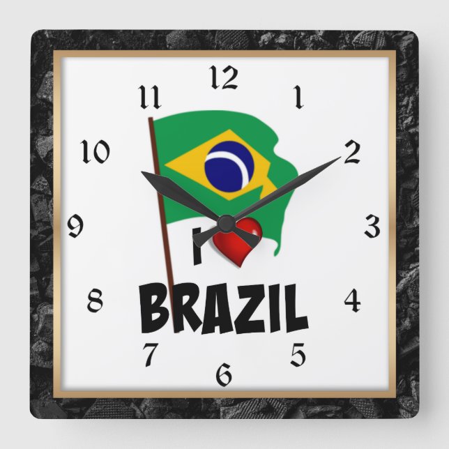 I Love Brazil, flag of Brazil with frame Square Wall Clock (Front)