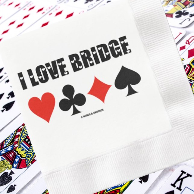 I Love Bridge Four Card Suits Paper Dinner Napkins (Memorable paper napkin for any bridge-themed event. Napkin shows the 4 card suits & "I Love Bridge")