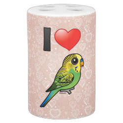 Customizable Green Budgie Toothbrush Holder and Soap Dispenser Set