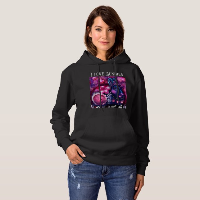 I Love Bunnies Whimsical Bunny Painting Art Pink Hoodie (Front Full)