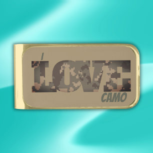 I Love Camouflage Green Brown Gold Finish Money Clip