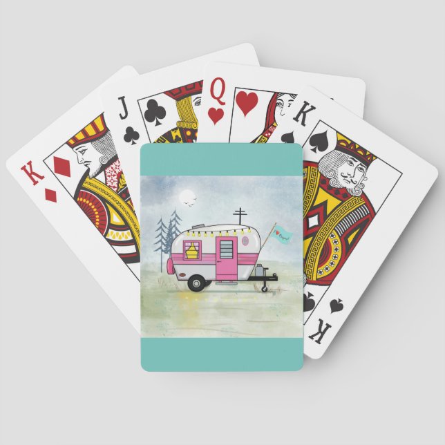 I Love Camping Pink Trailer Playing Cards (Back)