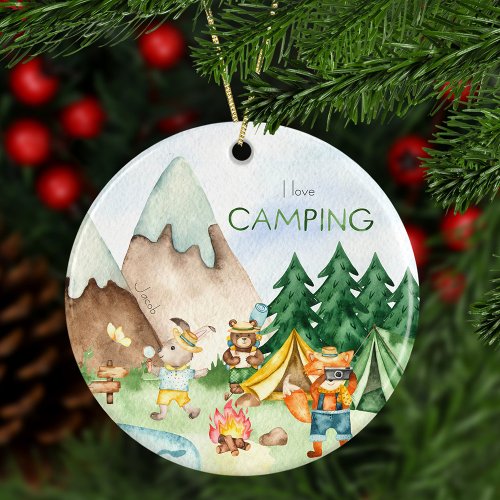 I Love Camping Woodland Animal Kids Christmas Ceramic Ornament