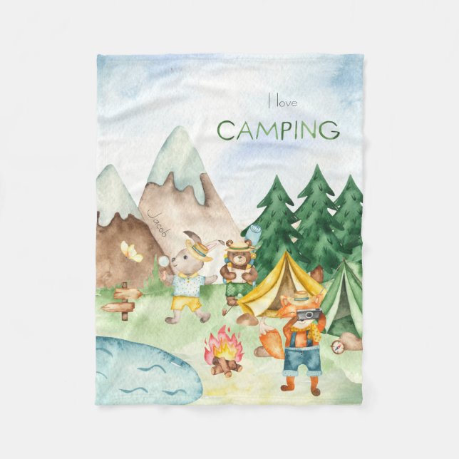 I Love Camping Woodland Animal Kids Watercolor Fleece Blanket (Front)