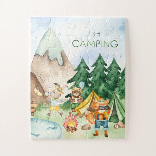 I Love Camping Woodland Animal Kids Watercolor Jigsaw Puzzle