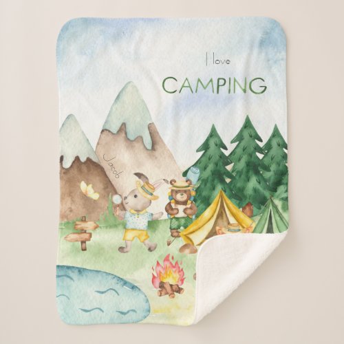 I Love Camping Woodland Animal Kids Watercolor Sherpa Blanket