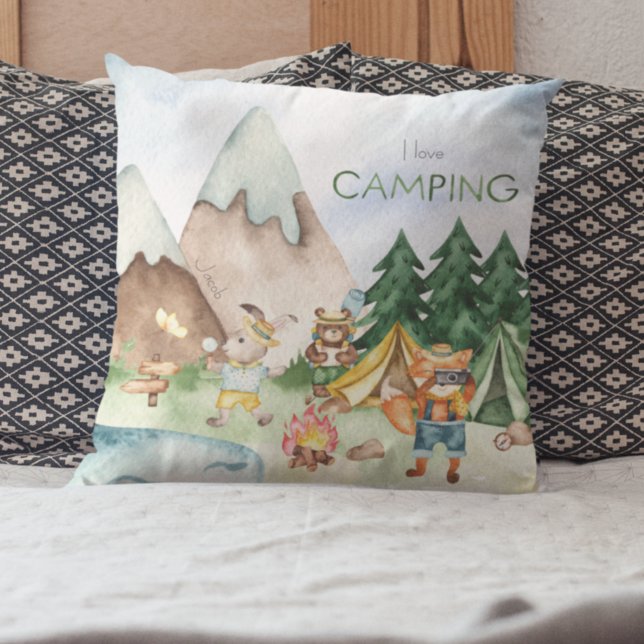 I Love Camping Woodland Animal Kids Watercolor Throw Pillow (Creator Uploaded)