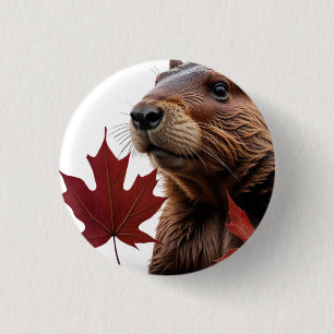 I Love Canada - Canadian Beaver with Leaf Button