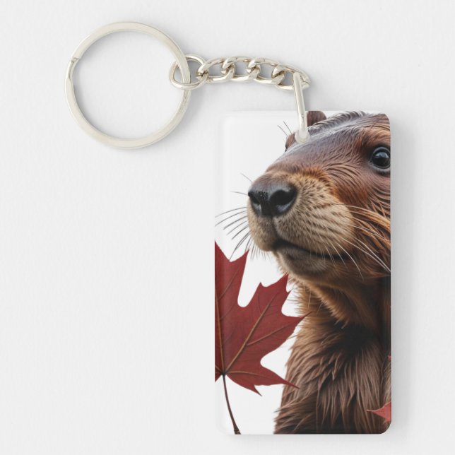 I Love Canada - Canadian Beaver with Leaf Keychain (Front)