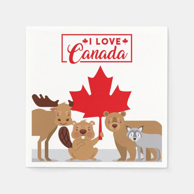 I Love Canada Moose Beaver Bear Wolf | Canada Day Napkins (Front)
