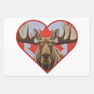 I Love Canada -Proud Canadian Moose and Maple Leaf Wrapping Paper Sheets