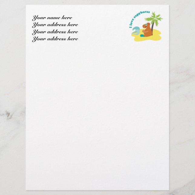 I Love Capybaras Tropical Beach Art Letterhead (Front)