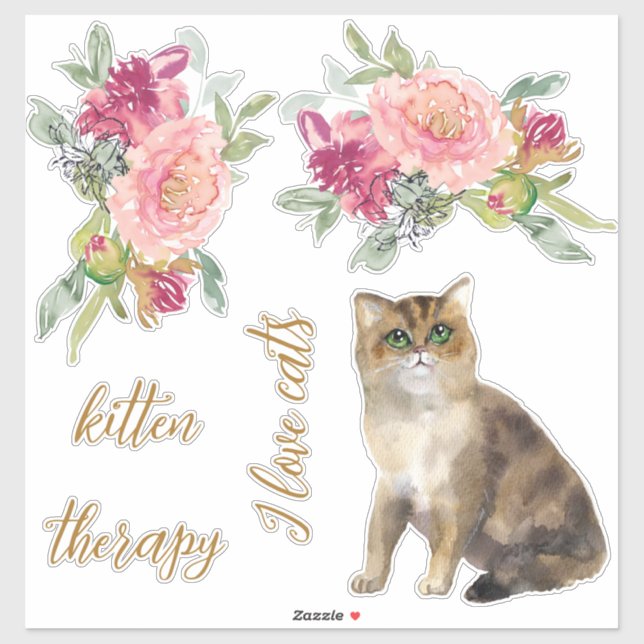 I Love Cats And Flowers Girl Sticker (Sheet)