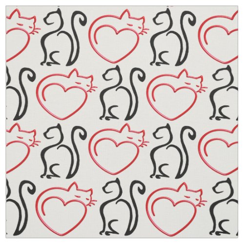 I Love Cats Black and Red Outlines on White Fabric