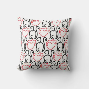 I Love Cats! - Black and Red Outlines on White Throw Pillow