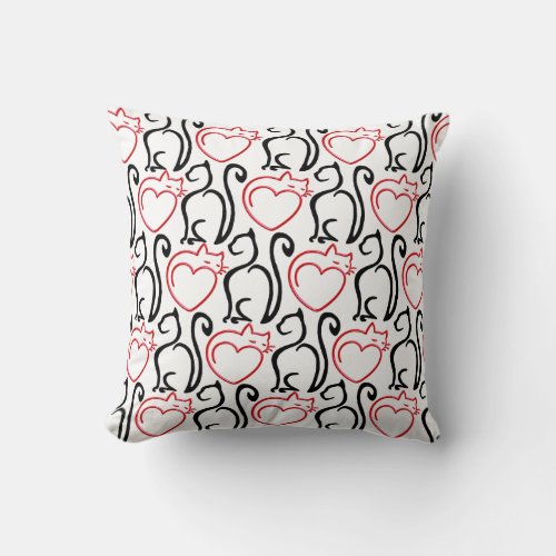 I Love Cats _ Black and Red Outlines on White Throw Pillow