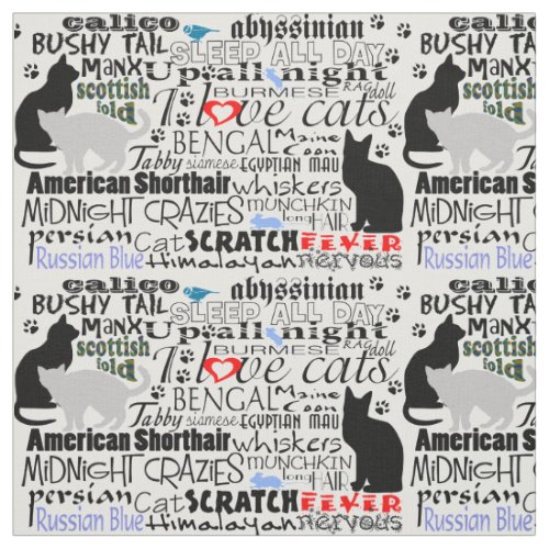 I Love Cats Black  White Newsprint Typography Fabric