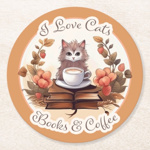 I Love Cats Books and Coffee Round Paper Coaster