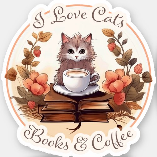 I Love Cats Books and Coffee Sticker