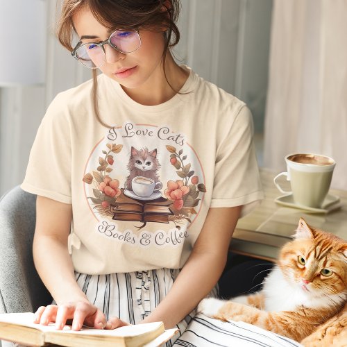 I Love Cats Books and Coffee T_Shirt