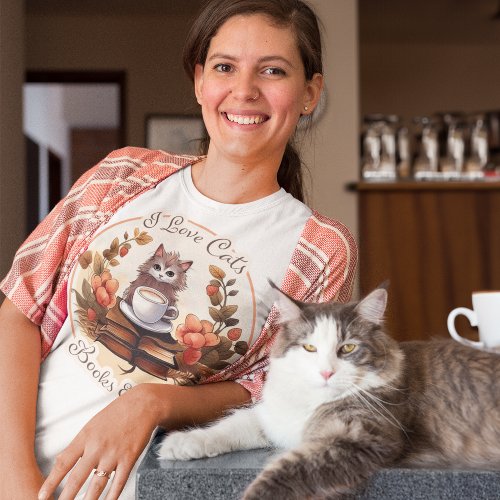 I Love Cats Books and Coffee T_Shirt