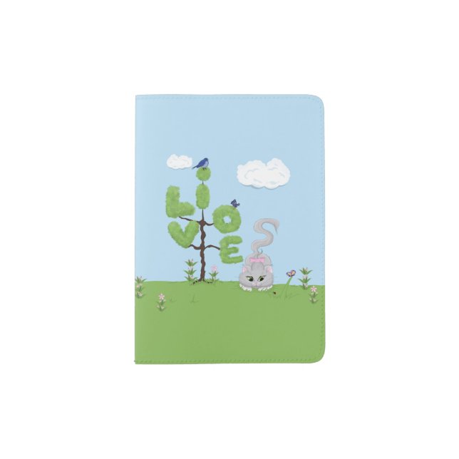 I Love Cats Illustration Art of Grey girl Cat Passport Holder (Front)