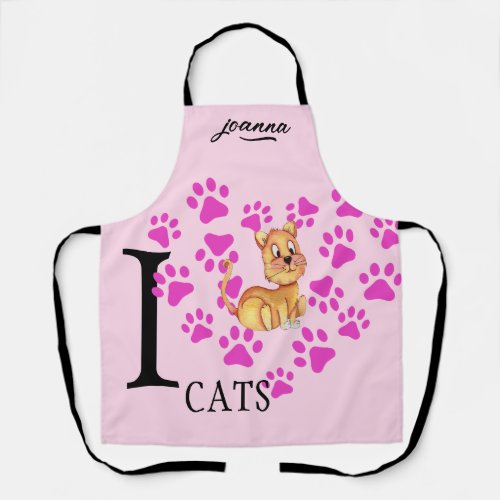 I Love Cats Pink Heart Paws Print Sweet Love Apron