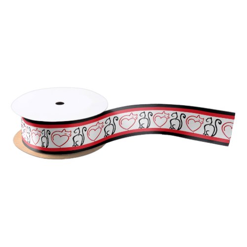 I Love Cats Red and Black Outlines on White Satin Ribbon