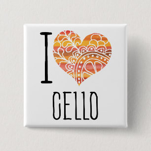 I Love Cello Orange Mandala Heart Button