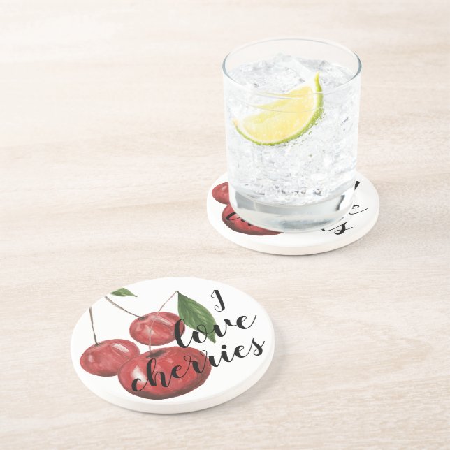I Love Cherries Watercolor Hand-painted Coaster (Side)