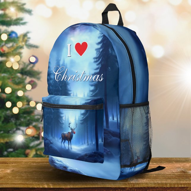 I Love Christmas Blue Winter Reindeer Printed Backpack (Creator Uploaded)