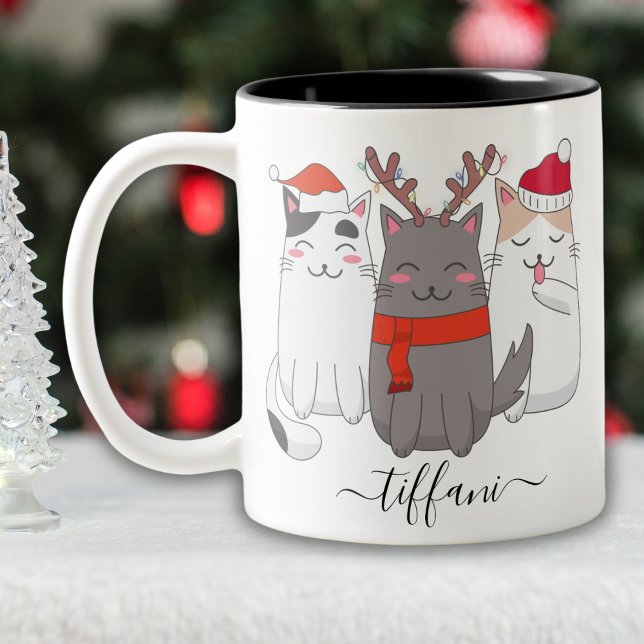 I Love Christmas Cats Personalize with Name Two-Tone Coffee Mug (Creator Uploaded)