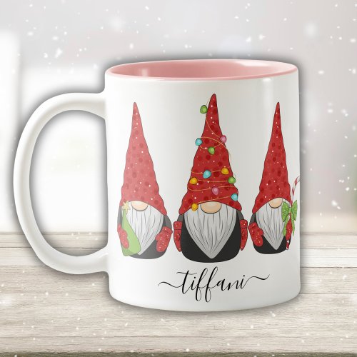 I Love Christmas Gnomes Personalize with Name Two_Tone Coffee Mug