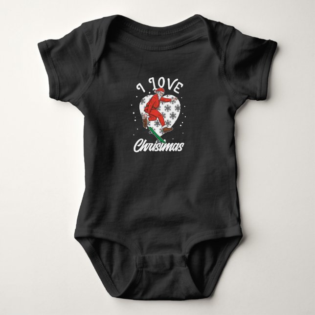 I Love Christmas Snowboarding Santa Claus Funny Baby Bodysuit (Front)