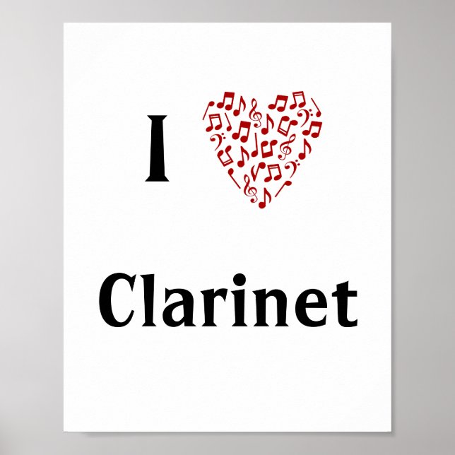 I Love Clarinet Red Heart of Music Notes Poster (Front)