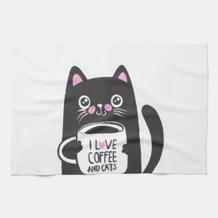 I love coffee and cats - Choose background color Kitchen Towel