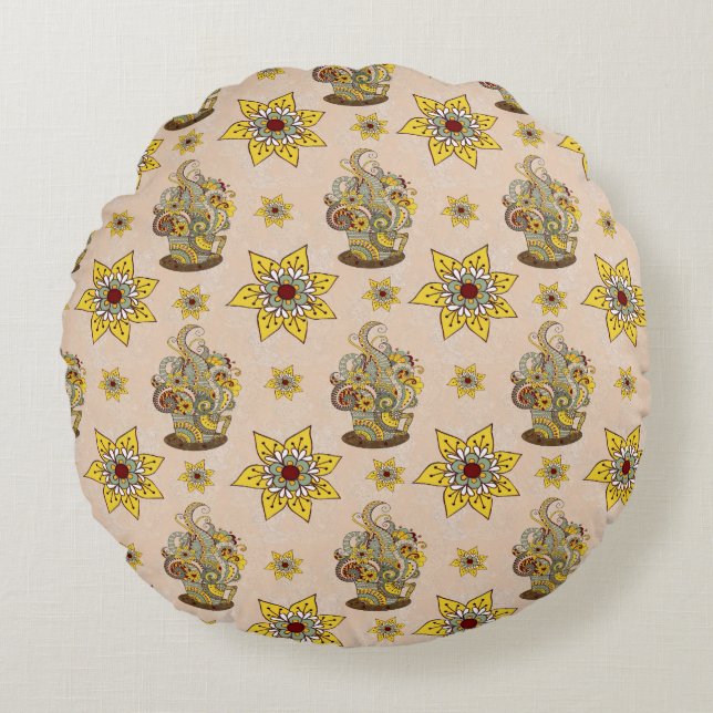 I love Coffee  and Yellow flowers Round Pillow (Front)
