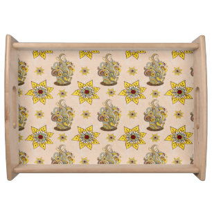 I love Coffee  and Yellow flowers Serving Tray