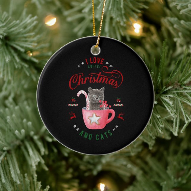 i love Coffee Christmas and Cats Joyful Greetings Ceramic Ornament (Tree)