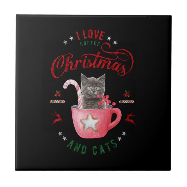i love Coffee Christmas and Cats Joyful Greetings Ceramic Tile (Front)