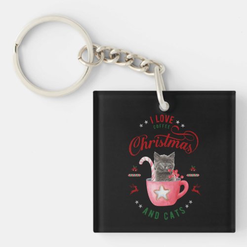 i love Coffee Christmas and Cats Joyful Greetings Keychain