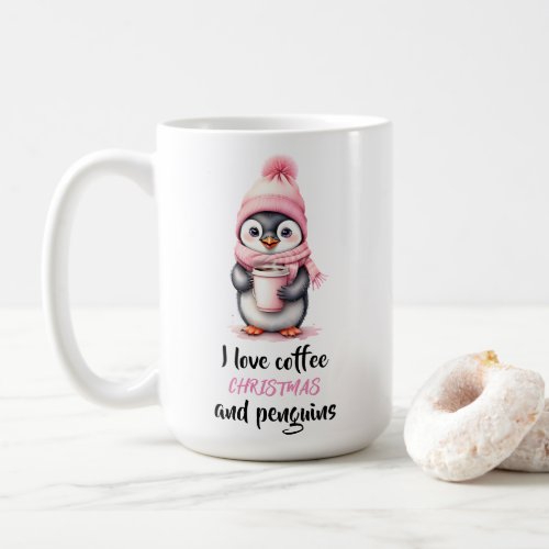 I Love Coffee Christmas and Penguins in Pink Coffee Mug